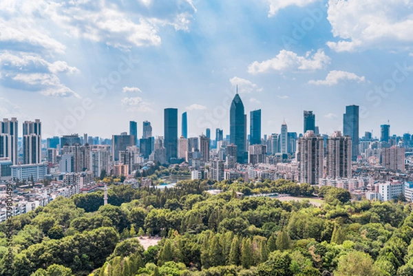 Fototapeta A clear view of the CBD buildings in Northwest Lake, Wuhan, Hubei, China