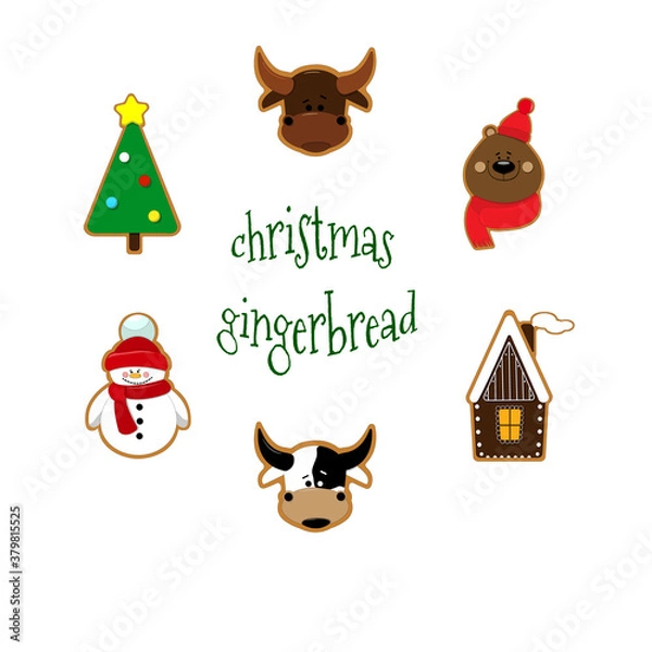 Obraz set of Christmas / New Year's gingerbread: bull, snowman, gingerbread house, bear cub, tree. red, green, brown, white.