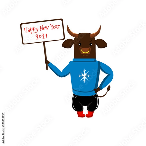 Obraz Bull, symbol of the new 2021, holds a banner with the inscription Happy New Year. the bull is wearing a blue sweater and red shoes
