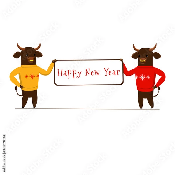 Obraz Two bulls, symbols of the new 2021, hold a banner with the inscription Happy New Year. the bulls are wearing red and yellow sweaters.