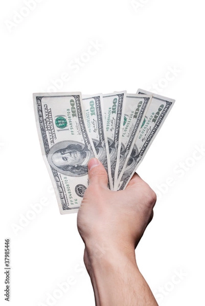 Obraz Hand offering five hundred US dollar banknotes on white