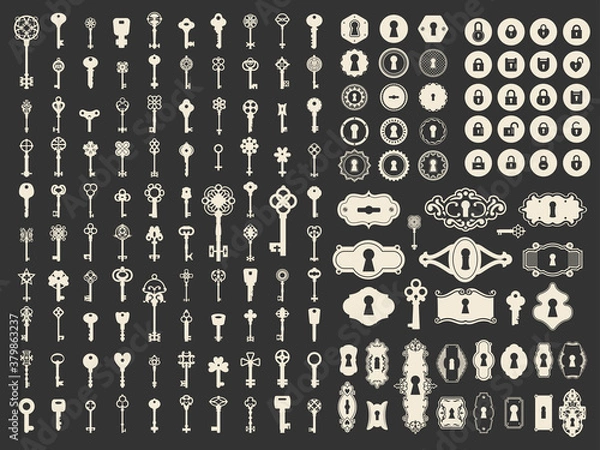 Fototapeta Vector illustration with design elements for decoration. Big silhouettes and icon set of keys, locks, old keyhole on black background. Vintage style.