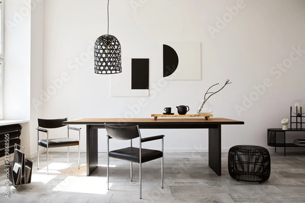 Fototapeta Stylish dining room interior with design wooden family table, black chairs, teapot with mug, mock up art paintings on the wall and elegant accessories in modern home decor. Template.