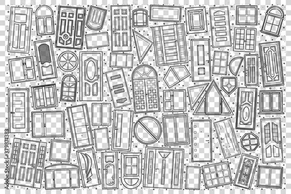 Obraz Windows and doors doodle set. Collection of and drawn sketches templates patterns of different size window frames and entrances of buildings on transparent background. Architecture and outdoor design.