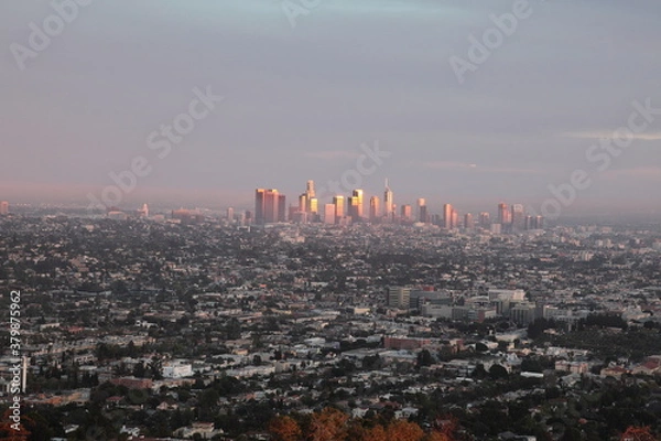 Fototapeta View of Downtown Los Angeles skyline under sunset seen from Griffith Observatory in California, USA