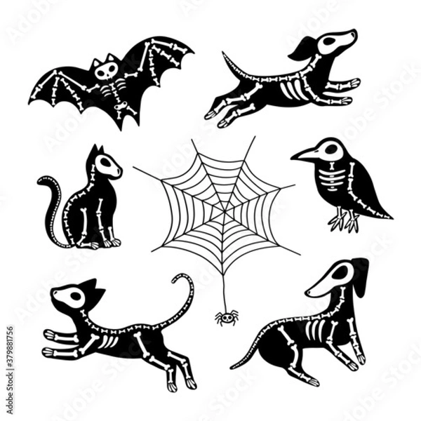 Fototapeta Vector set of Halloween stickers. Animals skeletons, isolated on white background. Dog, cat, raven, bat