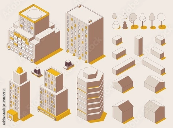 Fototapeta City street isometric constructor in outline mode with cars, buildings and trees. Vector stylish illustration with yellow elements