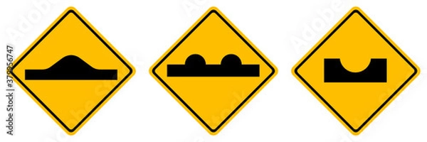 Obraz Speed bump, Uneven and Dangerous dip traffic road vector sign set isolated on white background