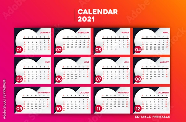 Fototapeta Calendar template 2021. Minimalist Colourful Abstract Elegant Desk printable Premium free Vector.Corporate and business calendar.