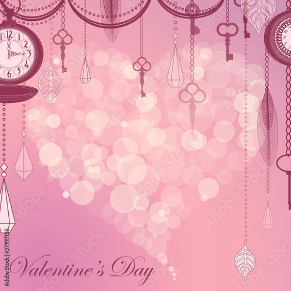 Fototapeta Valentine's card with flare heart ans antique clocks and keys