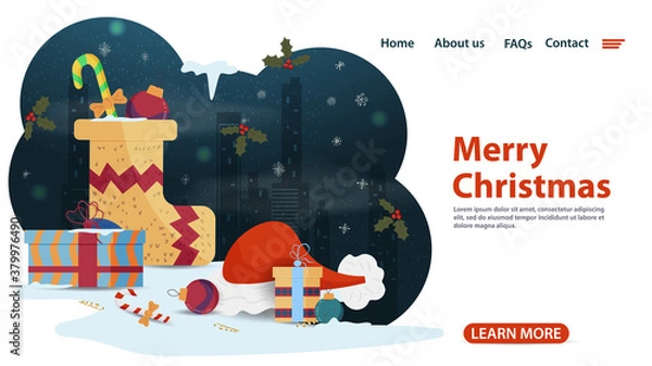 Fototapeta banner for Christmas and new year design of web pages mobile applications sock with gifts Christmas balls Santa hat flat vector illustration