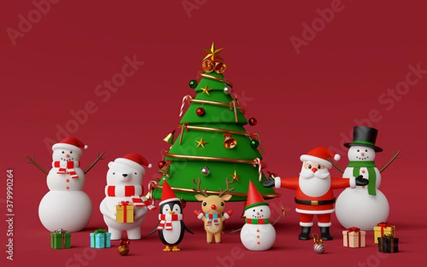 Fototapeta Merry Christmas and Happy New Year, Christmas tree with cute Christmas character on red background, 3d rendering