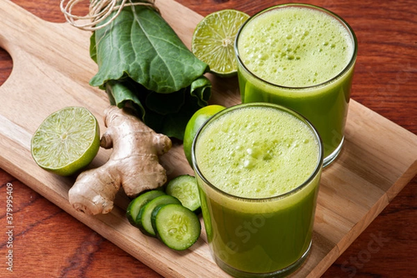 Fototapeta .Green juice or fresh juice detox. Copy space