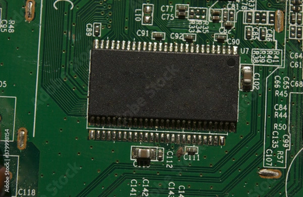 Obraz microchip on green electronic pcb closeup