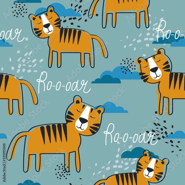Obraz Tigers, hand drawn backdrop. Colorful seamless pattern with animals, sky. Decorative cute wallpaper, good for printing. Overlapping background vector. Design illustration