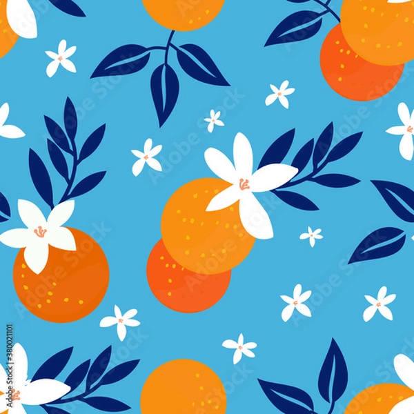 Fototapeta Seamless oranges background with flowers. Floral oranges pattern on blue background. 