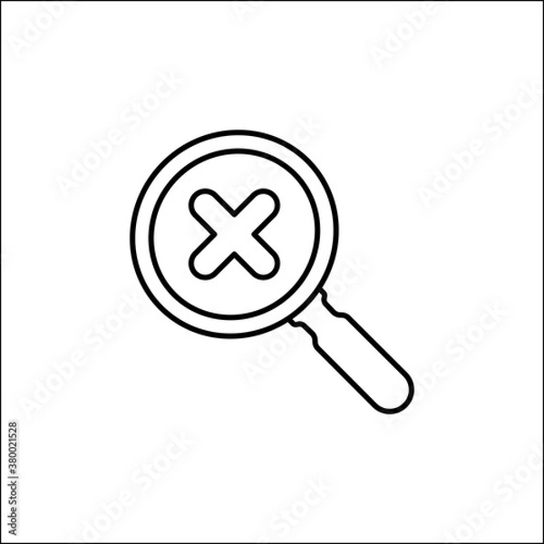 Fototapeta Magnifying glass with cross check mark icon. Search cancel vector icon. Magnifying glass delete simple icon. Symbol, logo illustration.