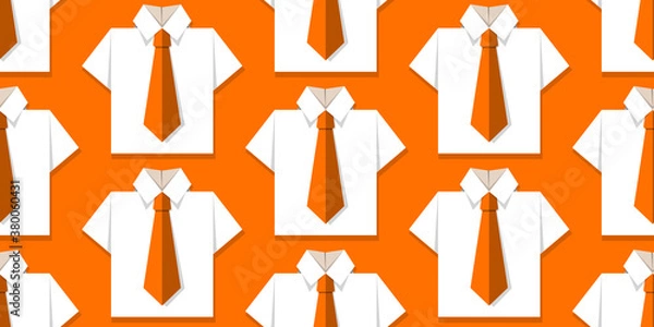 Fototapeta Seamless pattern with white office shirts and orange ties on orange background. Origami paper effect. Vector illustration. Business, studying concept