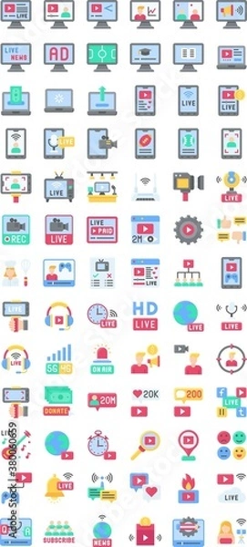 Fototapeta live and streaming related marketing, business, online studies, ads, website, camera, subscription, media, megaphone, headphones, mobile online gaming, singing and blogging vector in flat style,