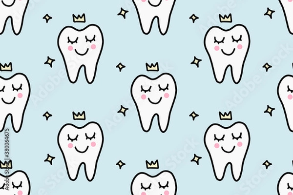 Fototapeta Kreskówka ząb z koroną. Koncepcja pielęgnacji jamy ustnej, stomatologia. Ręcznie rysowane doodle wzór. Do tkanin, wzorów tekstylnych, papieru do pakowania lub tapety.