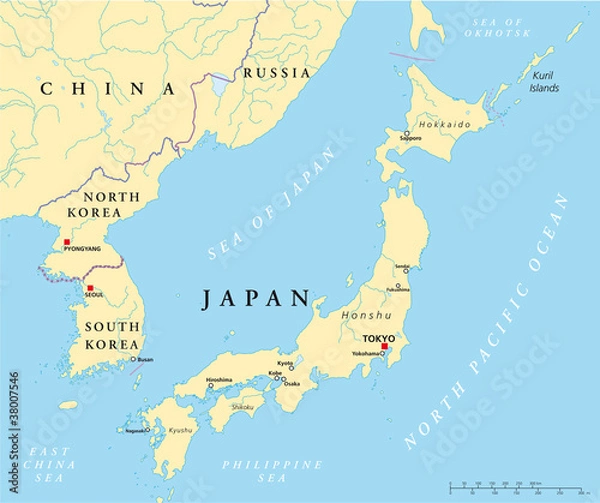 Obraz Mapa polityczna Japonii, Korei Północnej i Południowej ze stolicami Tokio, Pjongjang i Seul, z granicami państwowymi, rzekami i jeziorami. Ilustracja z angielską etykietą. Wektor.
