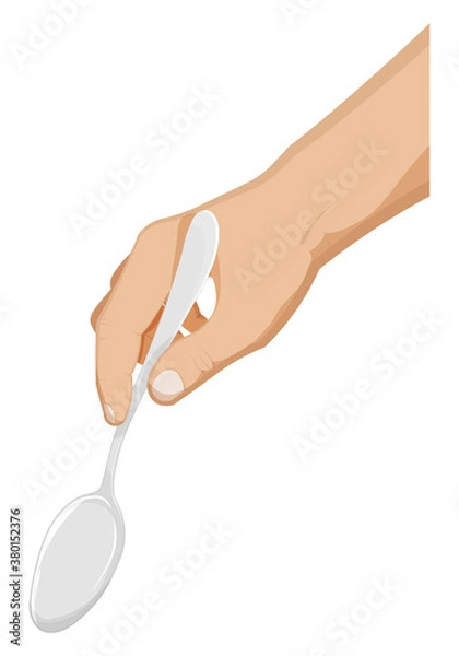 Fototapeta mans hand holds a spoon. Chef prepares festive dinner. Realistic gestures, cooking and drinks. Cartoon vector on white background