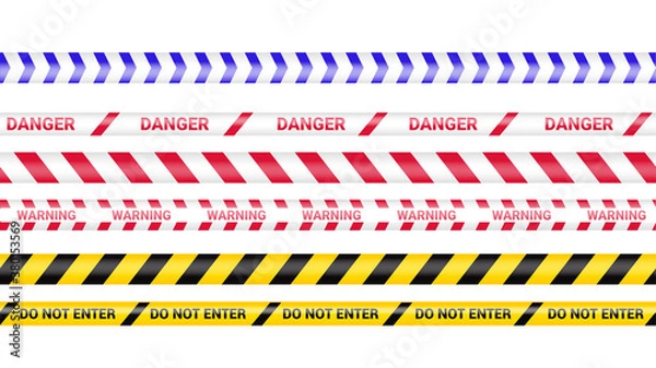 Fototapeta Police tape, crime danger line. Caution police lines isolated. Warning barricade tapes. Set of warning ribbons. Vector illustration on white background.