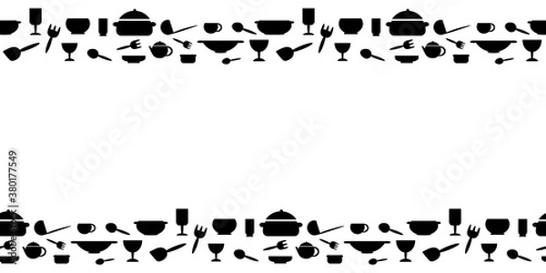 Fototapeta Seamless border with kitchen utensils. Black Silhouettes of Cutlerys on a white background. Vector illustration in flat style
