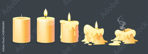Fototapeta Burning candles flame set. Cartoon burning yellow wax candles on the different stages of burning from a whole before an extinguished candle to cinder vector