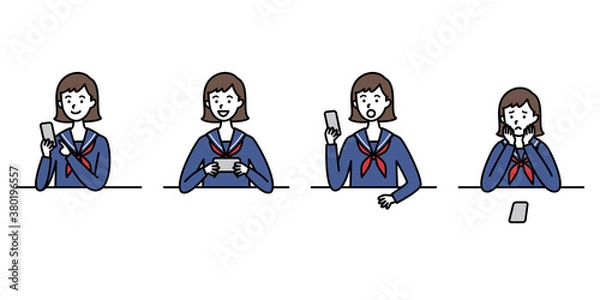 Fototapeta セーラー服の女子中高生とスマホ