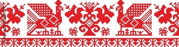 Fototapeta Russian pattern with flowers and birds. Russian pattern for for embroidery with red thread, Bright and fashionable pattern. Slavic seamless pattern, traditional ethnic ornament.
