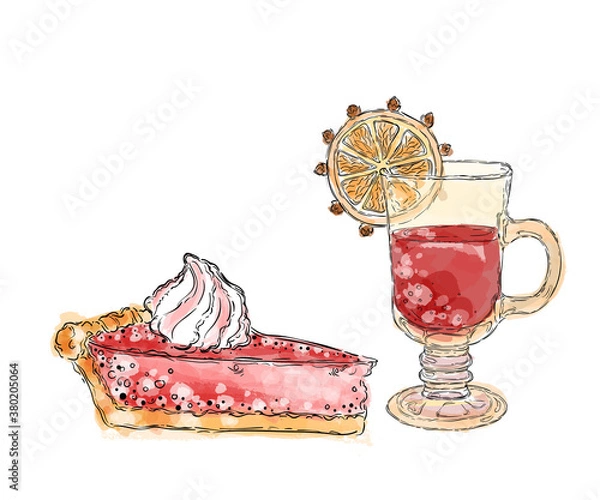 Fototapeta Strawberry pie and mulled wine with a slice of orange and cloves on a white background