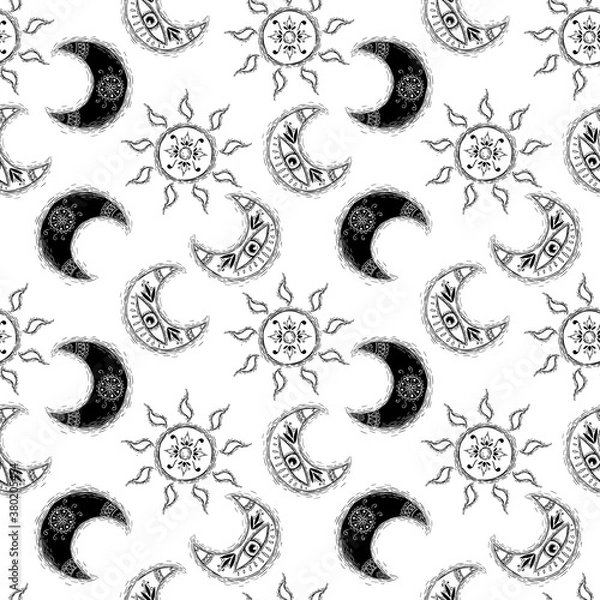Fototapeta Seamless pattern of moons and sun with ornament on white background