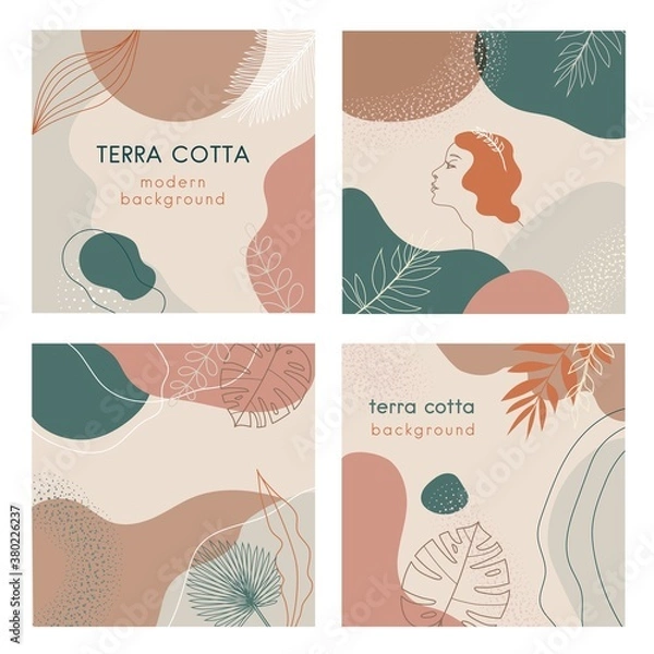 Fototapeta Banery mediów społecznościowych zestaw abstrakcyjnych nowoczesnych środowisk z pastelowymi kombinacjami kolorów terakoty, kształtami i tropikalną palmą, liśćmi monstera, jedną linią kobiety twarzą ikona logo. Do reklamy, brandingu