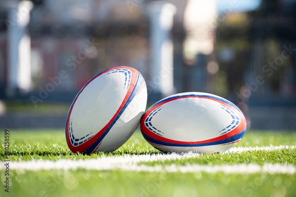 Fototapeta Piłka do rugby na trawie obok białej linii