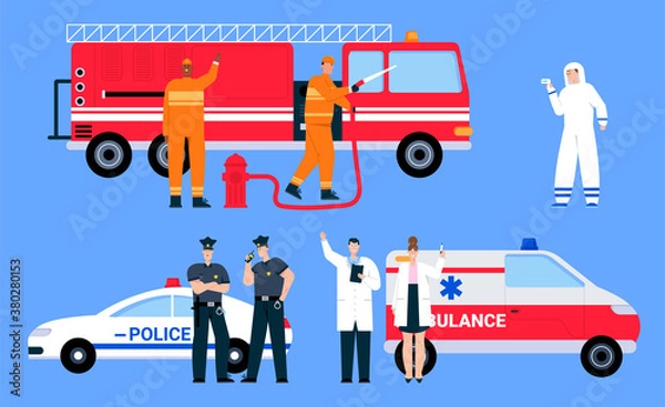 Fototapeta Vector character illustration of emergency service teams isolated