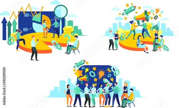 Obraz Vector graphics. Flat style design. The composition of the scene for business. Illustrations for business. Image of a graph and charts. Teamwork, interaction, communication of the team. 