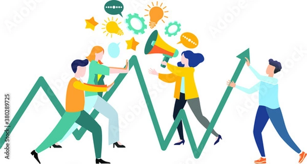 Obraz Vector graphics. Flat style design. The composition of the scene for business. Illustrations for business. Image of a graph and charts. Teamwork, interaction, communication of the team. 