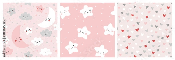 Fototapeta Cute night sky pattern set. Seamless vector design with smiling, sleeping moon, hearts, stars and clouds. Baby girl illustration. 