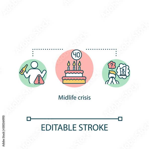 Fototapeta Midlife crisis concept icon. Psychological problem, depression idea thin line illustration. Fear of aging, feeling of unfulfillment. Vector isolated outline RGB color drawing. Editable stroke
