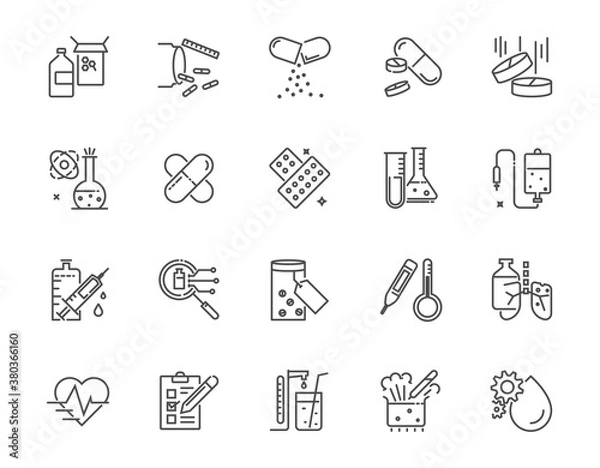 Obraz Vaccine and medicine set of vector thin line icon