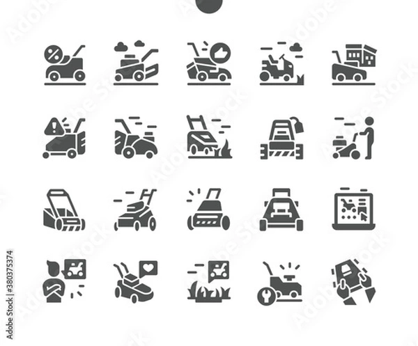 Fototapeta Lawn mover on grass. Machine for cutting lawns. Equipment for lawn and grass. Vector Solid Icons. Simple Pictogram