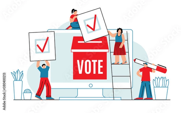 Fototapeta Online voting concept. Mini people with computer screen, voting box and voters. Digital political elections flat style vector illustration.