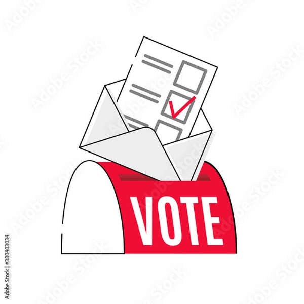 Fototapeta Vote by mail vector manual illustration on white background. Voting form, envelope, post box. Elections during quarantine concept.