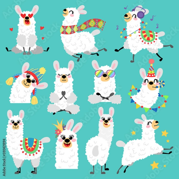 Fototapeta Big set of cute white llamas. Alpaca vector collection. Animals hand drawn style on blue background for children's and kids books, print, poster, stickers, fabric.