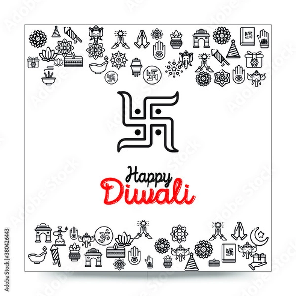 Obraz Set of Hand draw Happy Diwali Doodle backgrounds. Objects from Diwali doodle icons.	
