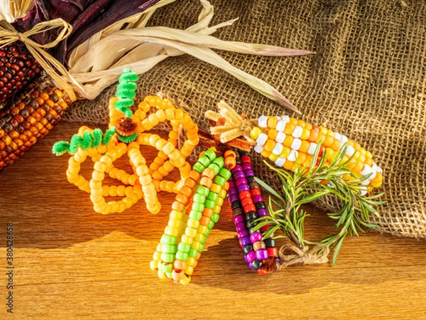Obraz Indian corn and pumpkins made from pony beads