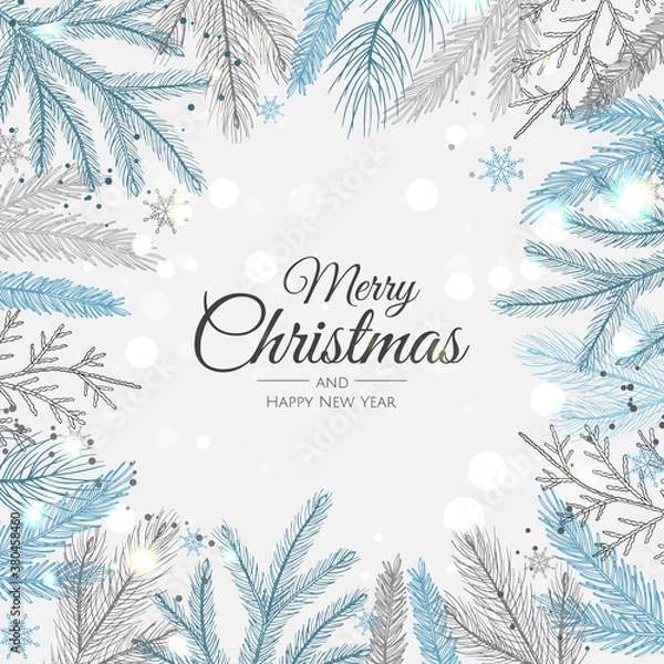 Fototapeta Merry Christmas greeting card with new years tree. Vector holiday illustration.