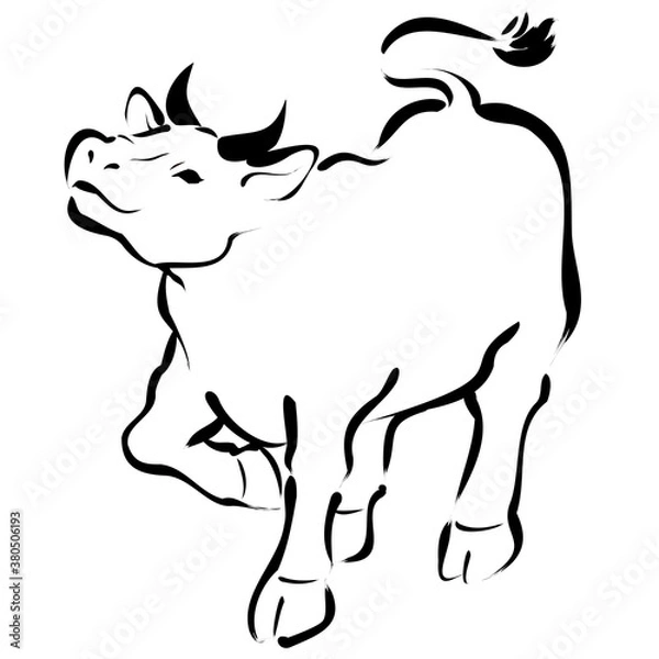 Obraz 上を見上げて歩く牛のシンプルな墨絵線画