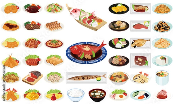 Obraz 人気の家庭料理イラスト①（肉じゃが、からあげ、ハンバーグ、餃子、焼き魚、玉子焼き）